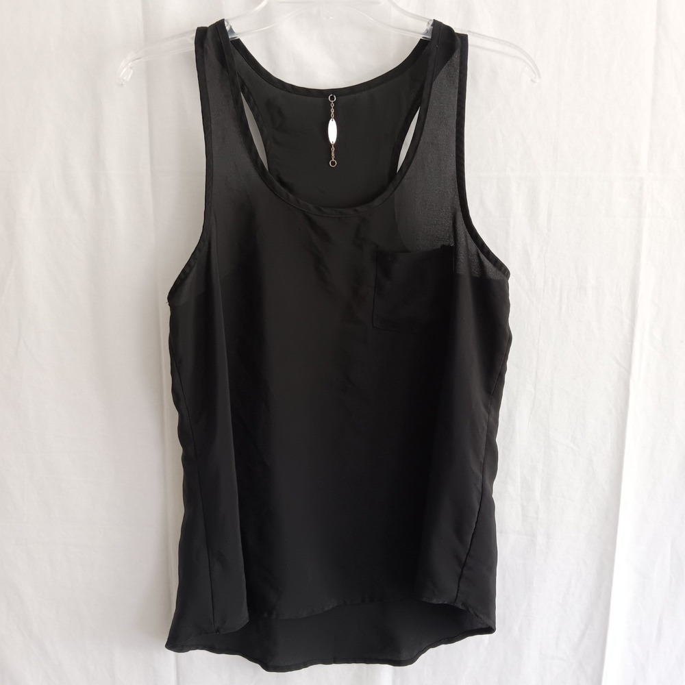 Ali & Kris Tank Top Womens SZ L Sheer Black whimsical ECU Racerback front Pocket